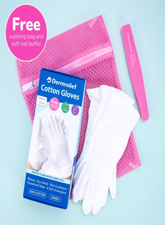 Dermrelief Cotton Gloves - for Beauty, Dry Hands, Eczema, Dermatitis and Psoriasis (7 Pairs) with Free Gifts (Professional Nail Buffer & Washing Bag) (Large) - Image 2